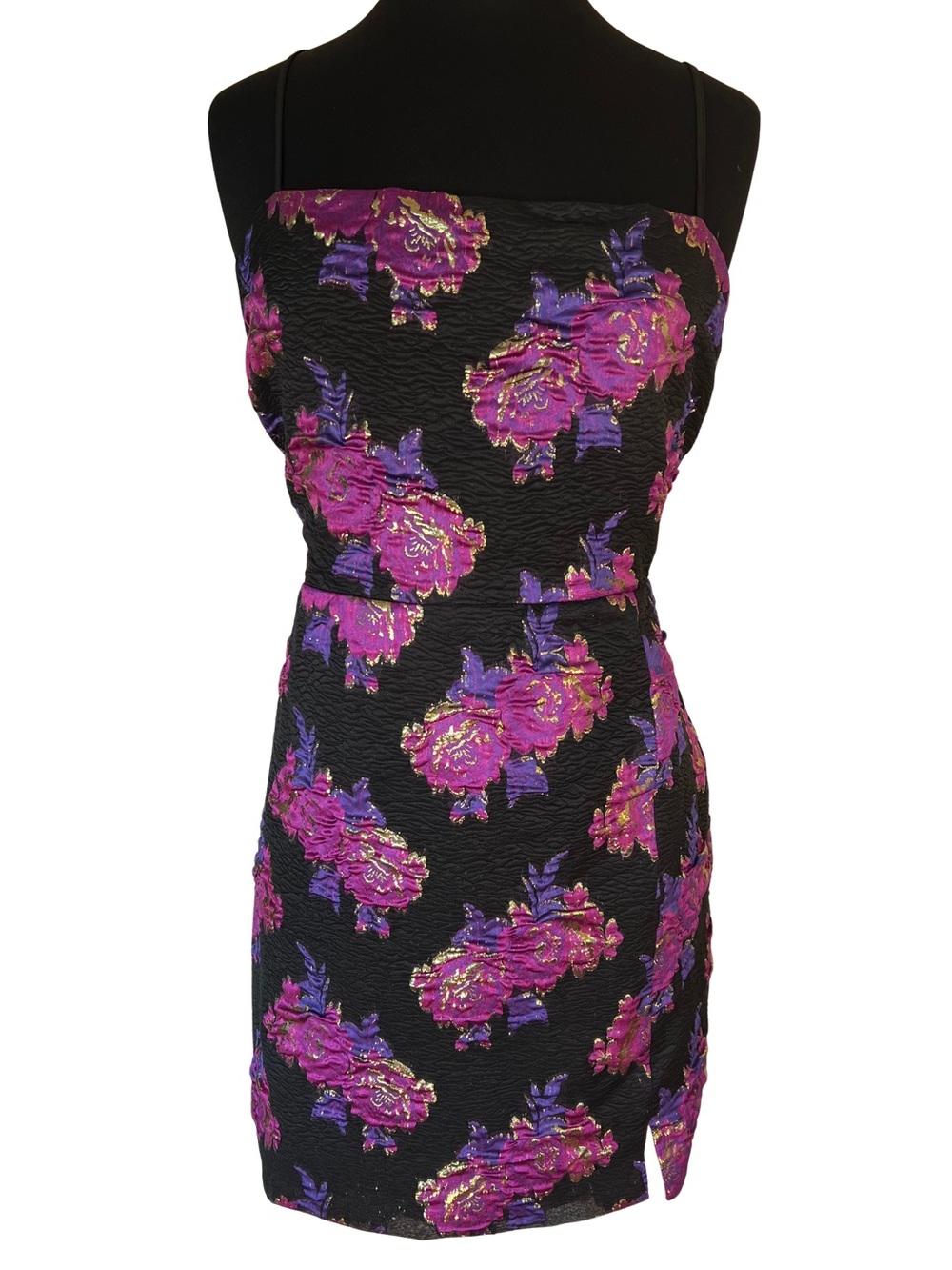Lulus Vivid Charm Black Purple Gold Floral Jacquard Sleeveless Mini Dress